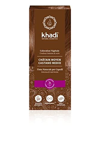 khadi MEDIUM BROWN tinte coloración para Marrón canela vivo y cálido a marrón medio fuerte y profundo, color natural 100% vegetales, naturales y vegano, cosmética certificada, 100g