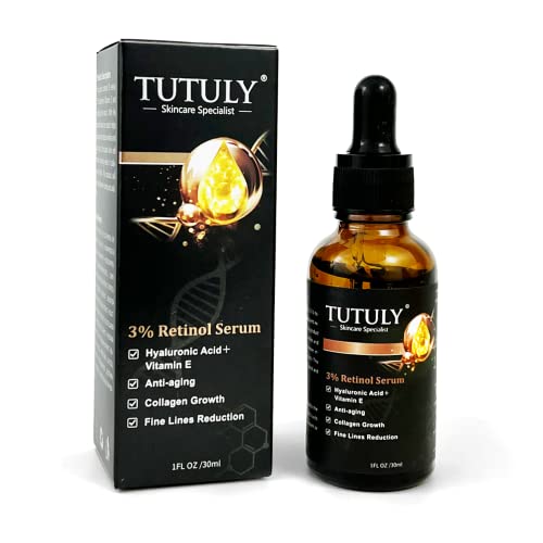 TUTULY Retinol Serum 3% con Vitamina E, Ácido Hialurónico y Péptidos - Alisa las líneas de expresión, atenúa las manchas oscuras, elimina el acné e hidrata la piel, 30ml