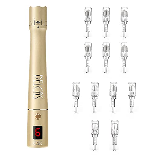 PELCAS Dermapen Microneedle Eléctrico 6 Niveles de Vibración Derma Pen con Pantalla LED con 12 Cartuchos para Facial y Cuerpo(Oro)
