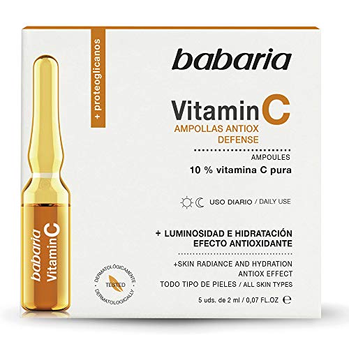 Babaria - Ampollas Faciales con 10% Vitamina C Pura, Luminosidad e Hidratación con Efecto Antioxidante, Vegano - 5 Unidades de 2 ml