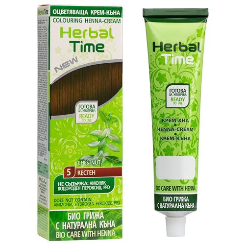 Herbal Time Henna para Pelo Natural Colorante en Crema | Cubre Canas | Tinte Coloración Temporal | Sin Amónico, Sin Sulfatos y Sin Parabenos | Color Castaño 5 | 75ml