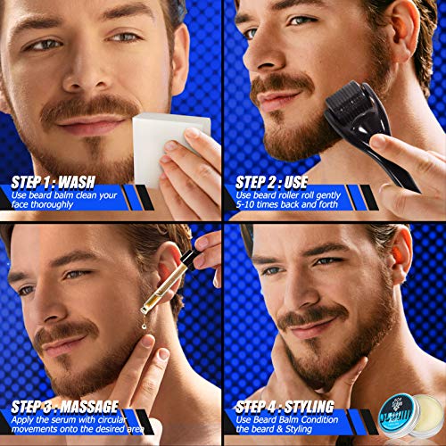 Kit de Crecimiento de la Barba, Kit de Cultivo de Barba para Hombres con Rodillo Derma de Titanio+Aceite Suero para el Crecimiento de la Barba+Bálsamo para la Barba+Jabón Limpiador para la Barba+Peine